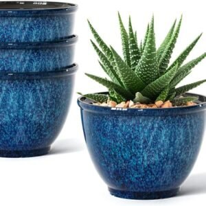Plant Pots, Set of 4 Plastic Planters with Drainage Hole, 8 Inch Glaze Plastic Flower Pots for Plants, Nursery Planting Pot, Planter for Indoor Outdoor Home Decorative(Blue)