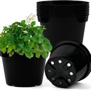 8 Inch Plastic Plant Pots, 15 Pack Sturdy Nursery Pot with Drainage Holes, Flower Planter Pots for Indoor Outdoor, Garden Containers Sets for Vegetable Herbs Flowers, Black