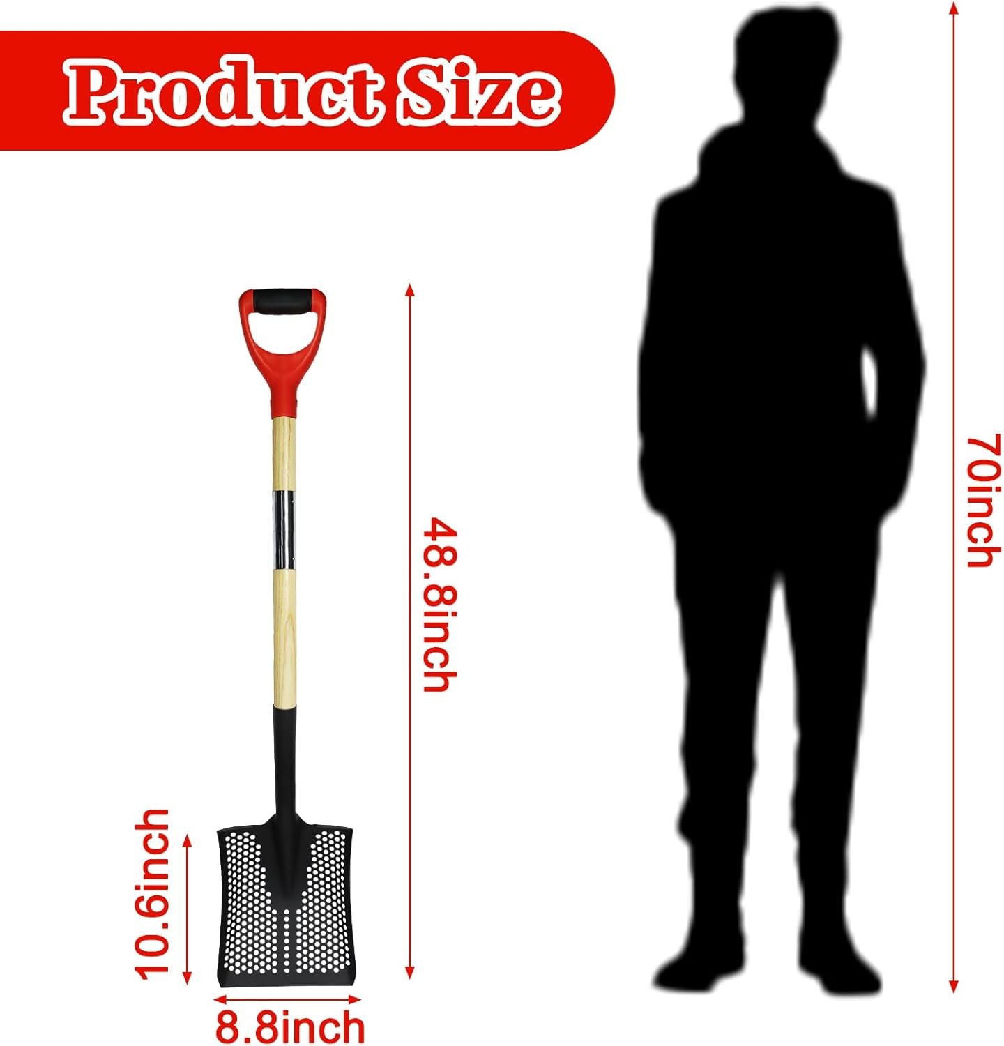 Heavy Duty Sifting Shovel - 48.8" Long Metal Sand Sifter with Hole for Beach, Chicken Coop & Farm Use, Rock Sifter Shovel with Ergonomic D-Grip Handle for Sand & Poop Cleaning - Image 2
