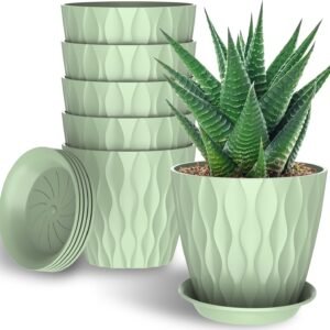 6 Pack 7 Inch Indoor Plant Pots with Drainage Holes, Outdoor Plastic Decorative Flower Pots, Garden Planters with Tray Saucers for Orchids, Violets, Succulents, Herbs, and Other Plants