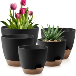 Plant Pots 10/9/8/7.5/7 Inch Self Watering Pots, Set of 5 Plastic Planters with Drainage Holes and Saucers,Plastic Flower Pots,Nursery Planting Pot for Indoor Out Door Plants(Black Brown)