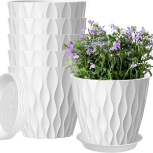 6 Pack 7 Inch Plant Pots with Drainage and Saucers, White Plastic Flower Pots for Indoor and Outdoor Plants, Stackable Nursery Planters for Houseplants and Herbs, White