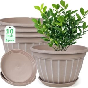 10 Inch Plants Pot,4 Pack Flower Pots,Planters Pot with Drainage Hole & Saucer,Modern Planters for Indoor Outdoor Plants,Decorative Resin Garden Pots for Outdoor Indoor Home Plants (Beige)
