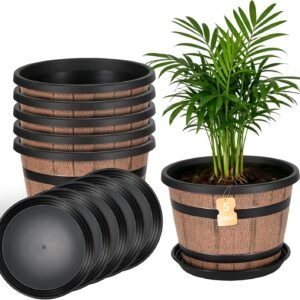 12 Inch Whiskey Barrel Planters with Drainage Holes & Saucer, 5 Pack Plastic Plant Pots with Wine Barrel Design, Flower Pots for Indoor Outdoor Balcony