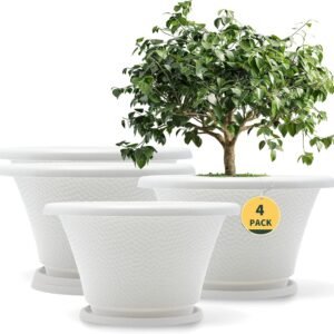12 Inch Plant Pot,4 Pack Large pots for Plants,Flower Pots with Drainage Hole & Saucer,Modern Planters for Indoor Outdoor Plants,Decorative Resin Garden Pots,White