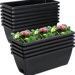 12Pcs 17Inches Rectangle Planter Box with Drainage Holes and Trays Plastic Planters Flower Boxes Pots for Indoor Outdoor Plants Patio Garden Home Decor Porch Yard (Black)