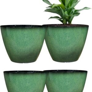 4 Pack 8 inch Plant Pots, Plastic Planter for Indoor Outdoor Plant with Drainage Holes and Saucers, Flower Pots for Garden Home Decor(Green, 4pcs)