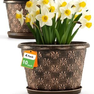 10 Inch Planter Pots for Plants, 4 Pack Plastic Large Flower Pots Indoor Outdoor, Resin Plant Pot with Drainage & Saucer, Retro Decorative Garden Pot with Removable Trays for House
