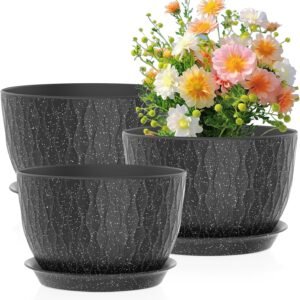12/10/9 inch Large Flower Pots, 3 Set Big Plant Pots for Outdoor Indoor Plants with Water Ripples, Wide Plastic Planters with Drainage Holes and Saucers for Garden House Plants, Speckled Black