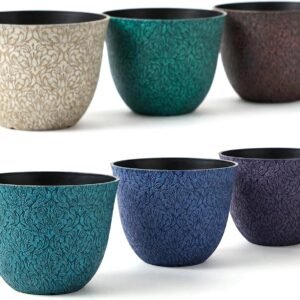 Plastic Round 8" Plant Pots for Indoor Plants - Set of 6 Multicolor Small Flower Pots W/Drainage Hole and Rubber Plug - Home Christmas Decorative planters Retro Floral Pattern